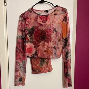 Fashion Nova Floral Mesh Long Sleeve Top - Red and Pink